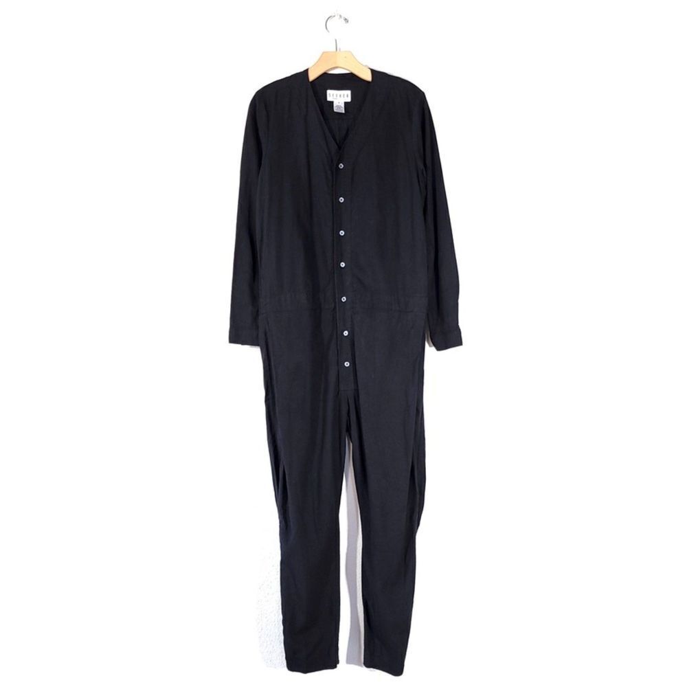 SEEKER Long Sleeve Button Down Utility Jumpsuit in Black Hem Cotton Unisex Small